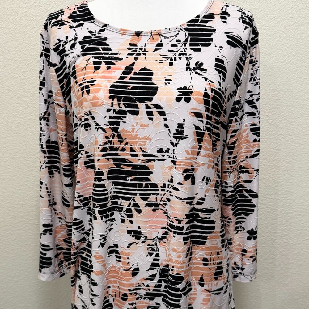 JM Collection orange, black, white textured tunic, 3/4 length sleeves, Large